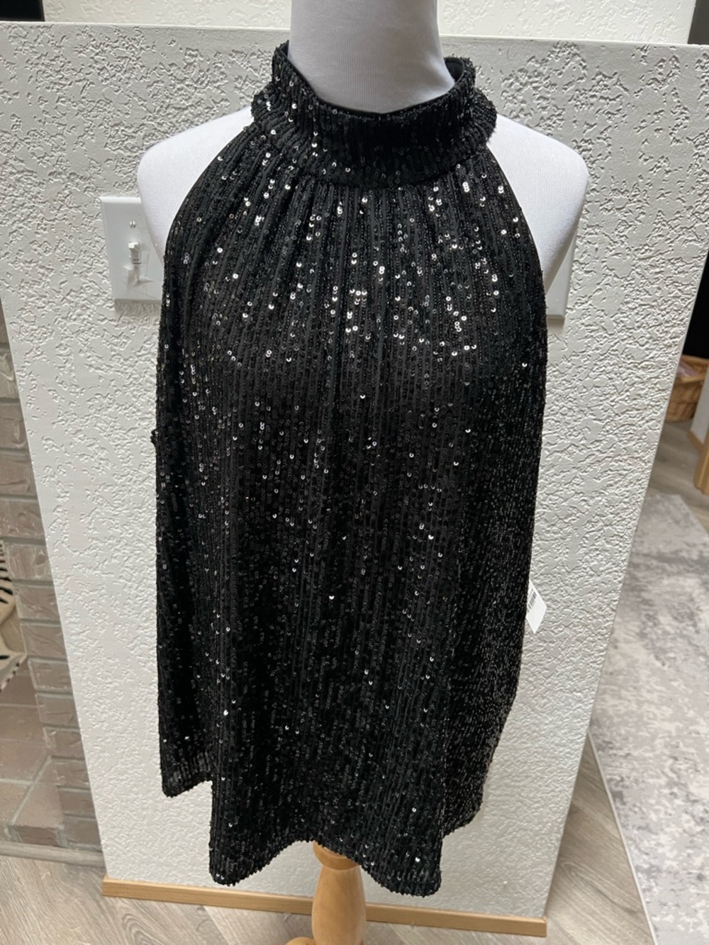 HALOGEN High Neck Sequin Halter Top in Black